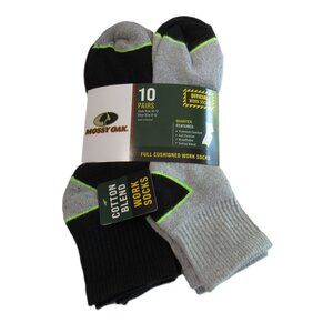 MOSSY OAK Men's Full Cushion Quarter Work Socks 10 Pack Black & Gray Size 10-13